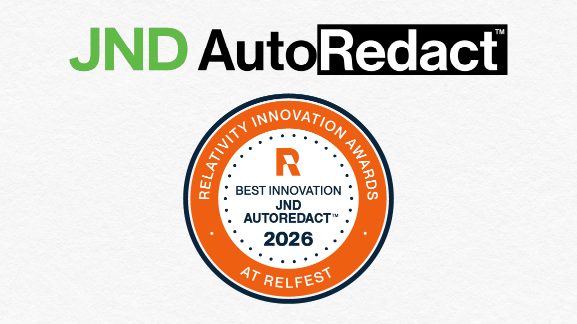 JND AutoRedact Logo and Relativity Innovation Award for Best Innovation, awarded to JND AutoRedact