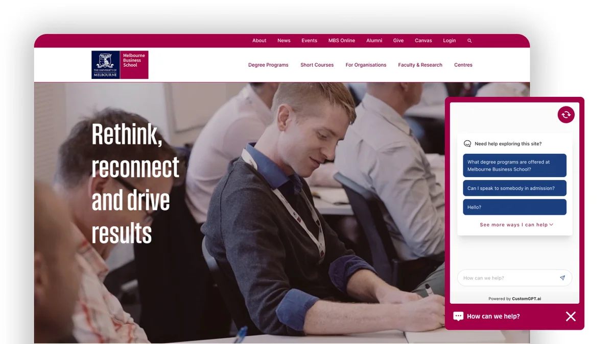 MBS homepage with chatbot