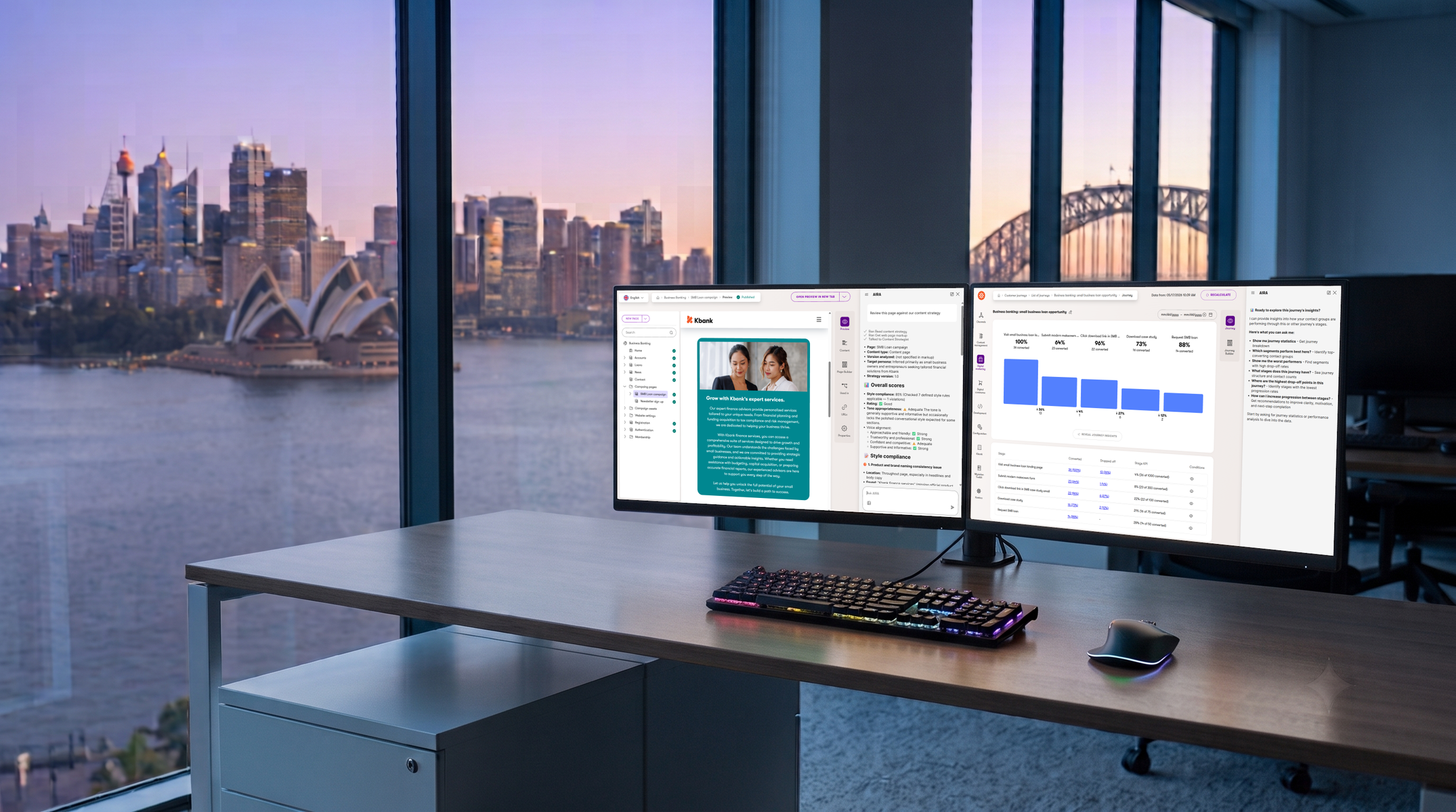 Xperience by Kentico open on a workstation at dusk, showing an AIRA content review and a customer journey. Partly generated by Gemini.