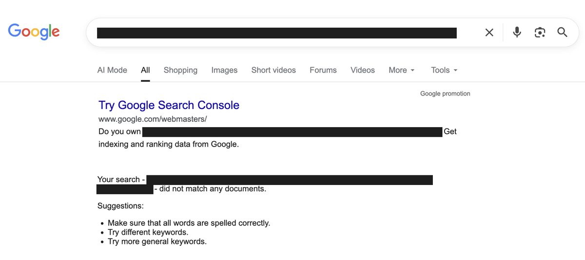 Screenshot showing Google had not indexed the test page.