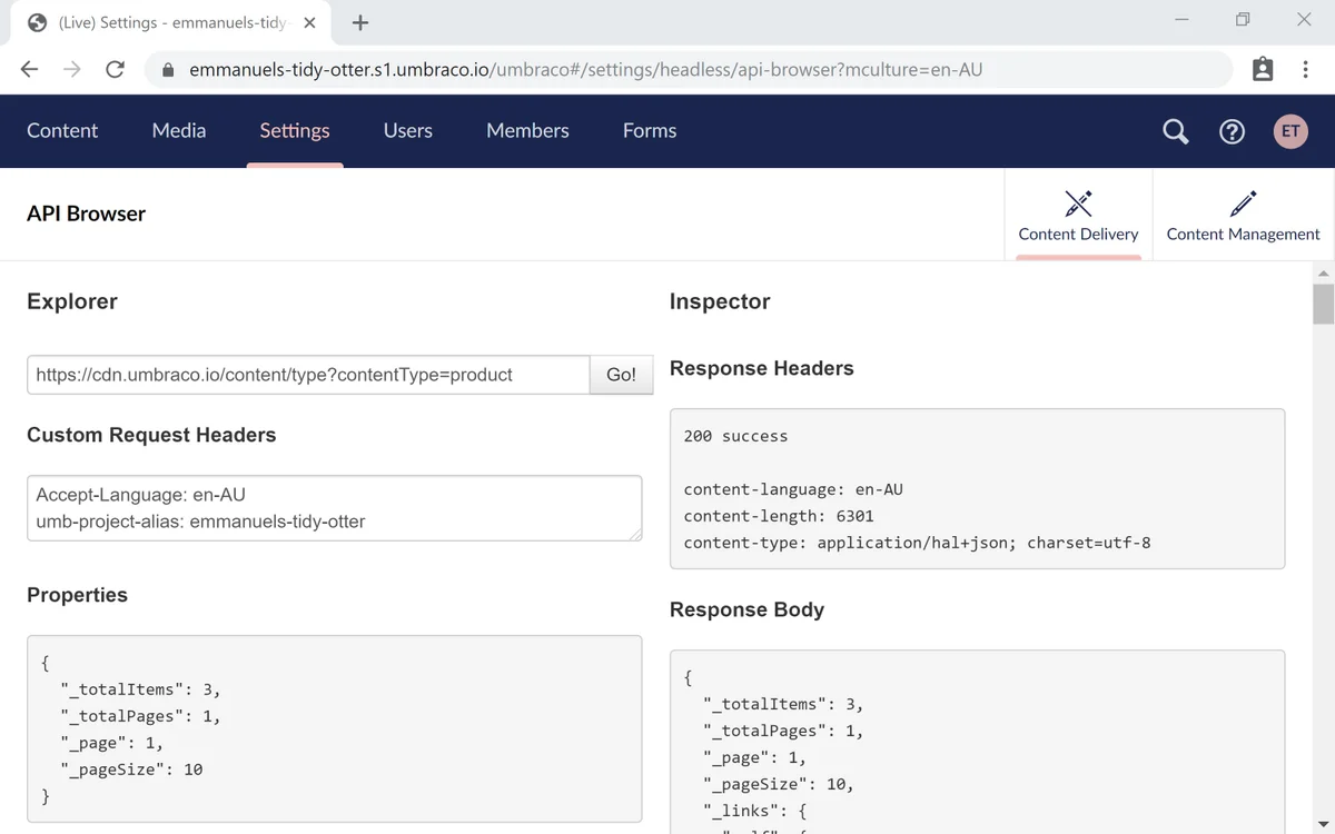 Result in the Umbraco back-office API Browser