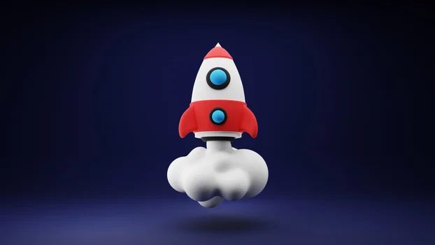3D cartoon image of a rocket launching