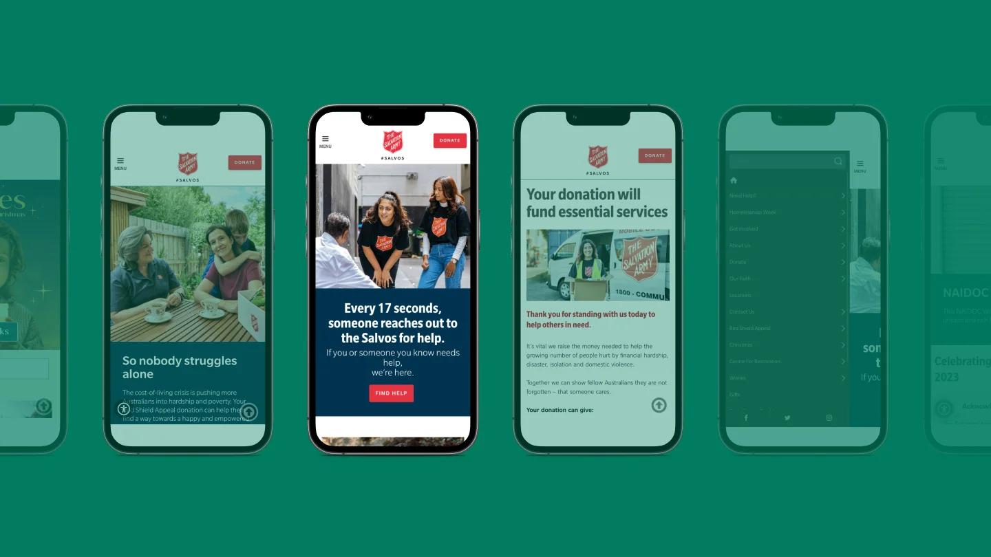 Salvos website pages on mobile phone screens