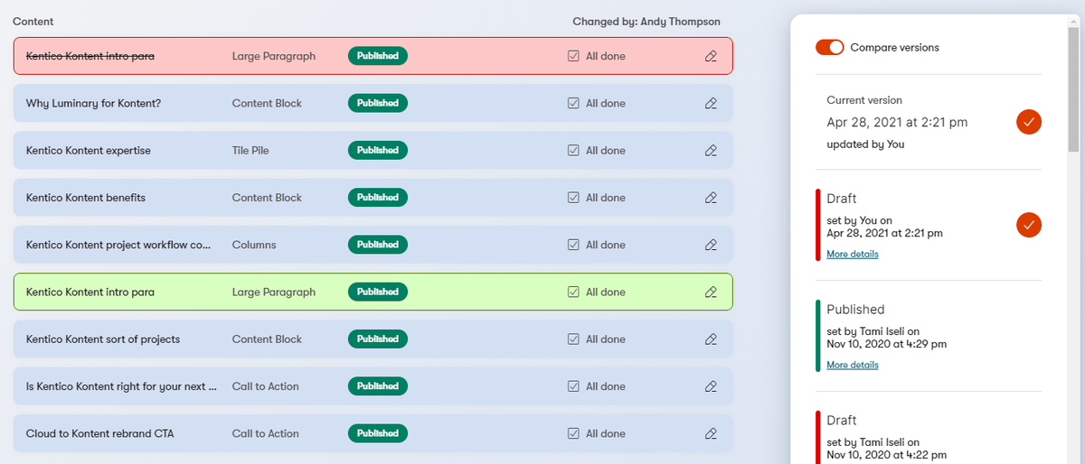 Kentico Kontent version comparison interface