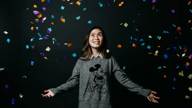 Jess with falling confetti