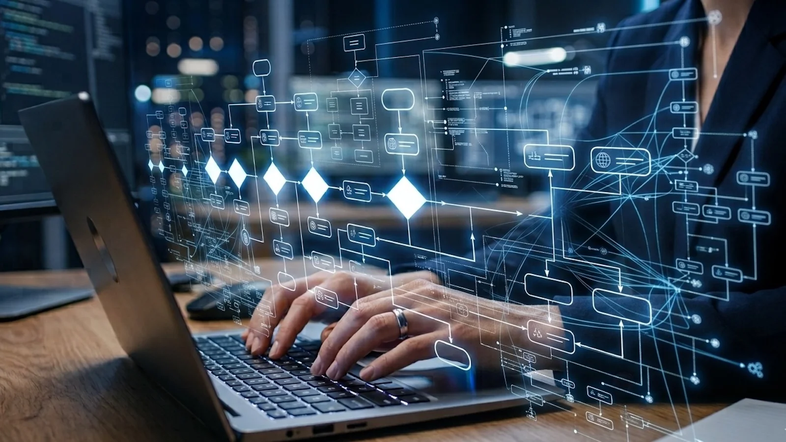 Female developer typing with decision nodes coming out of the laptop