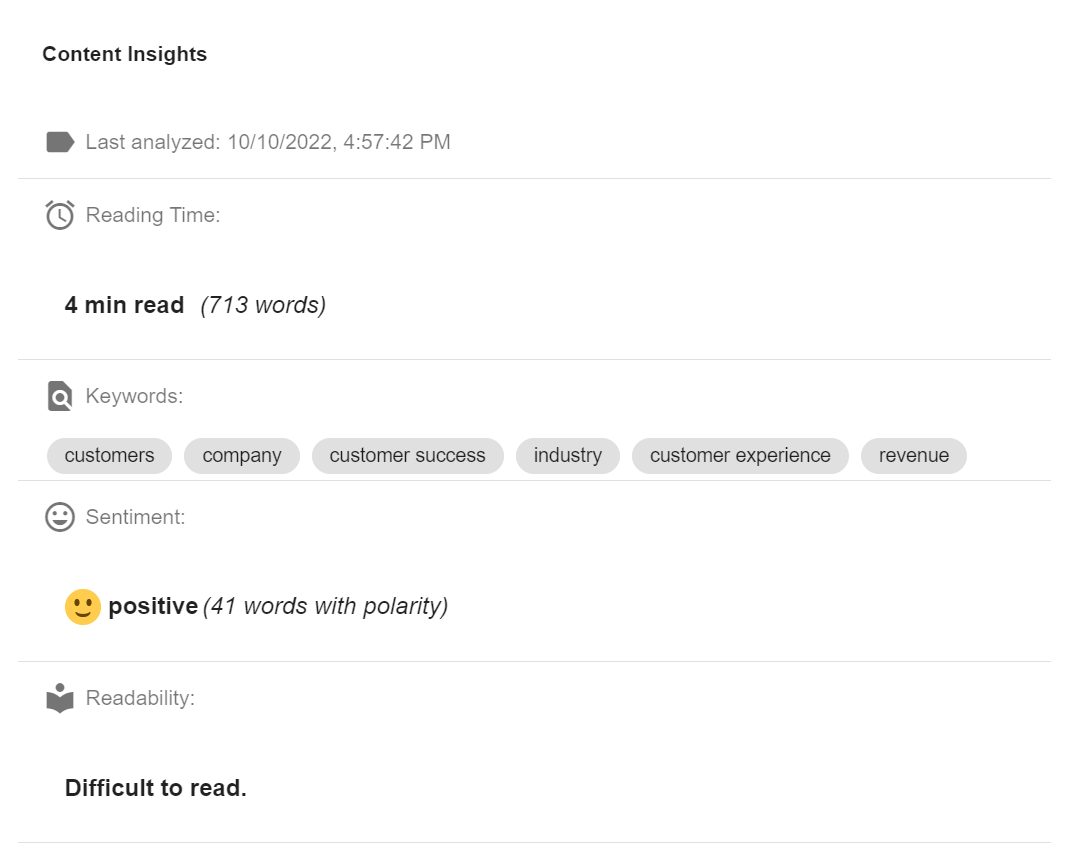 Screenshot of a CMS displaying AI-generated sentiment analysis and readability scores