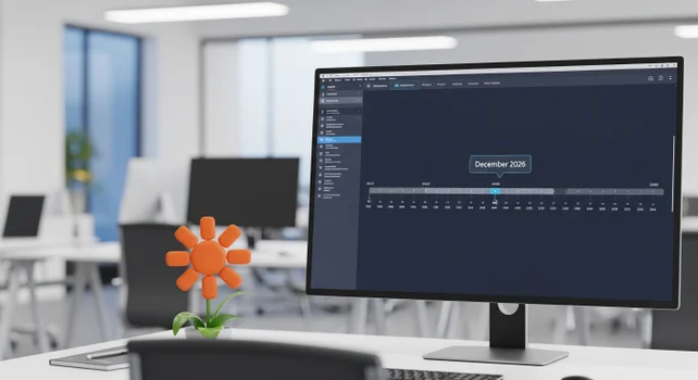A desk with an orange flower and a computer monitor displaying a timeline focused on December 2026
