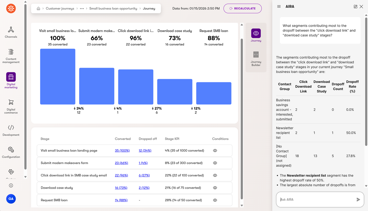 Screenshot of Xperience by Kentico's Customer Journeys with an AIRA conversation