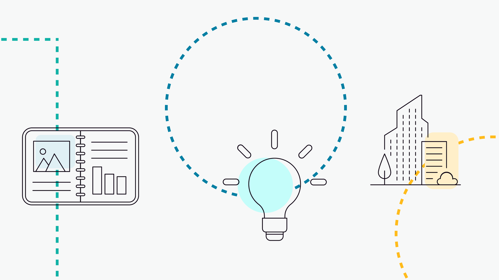 Picture of a book, sun and building depicting the ways students interact with Pearson