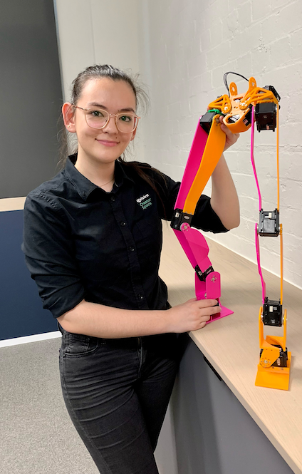 Grace with early prototype of Abi's legs