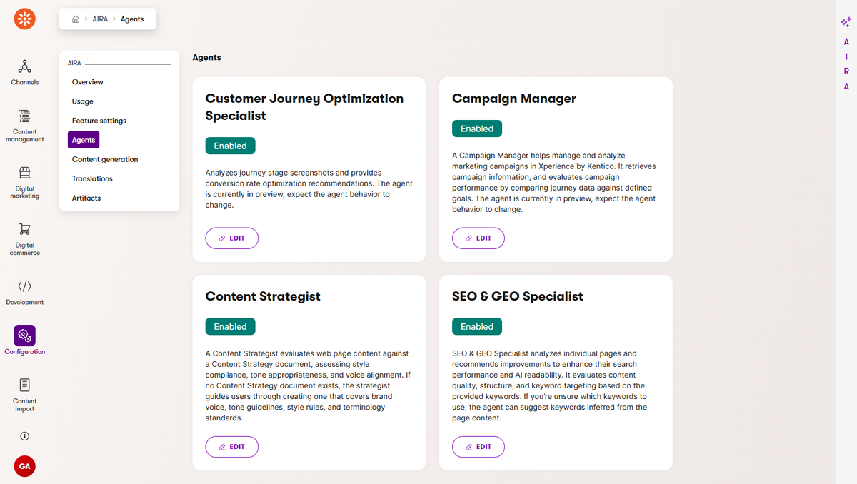 The Agents tab in the AIRA application, listing the four Agentic Marketing Suite agents