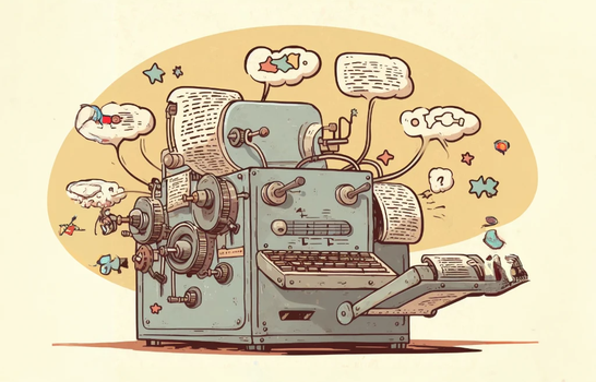 A cartoon of a machine generating blocks of text and images