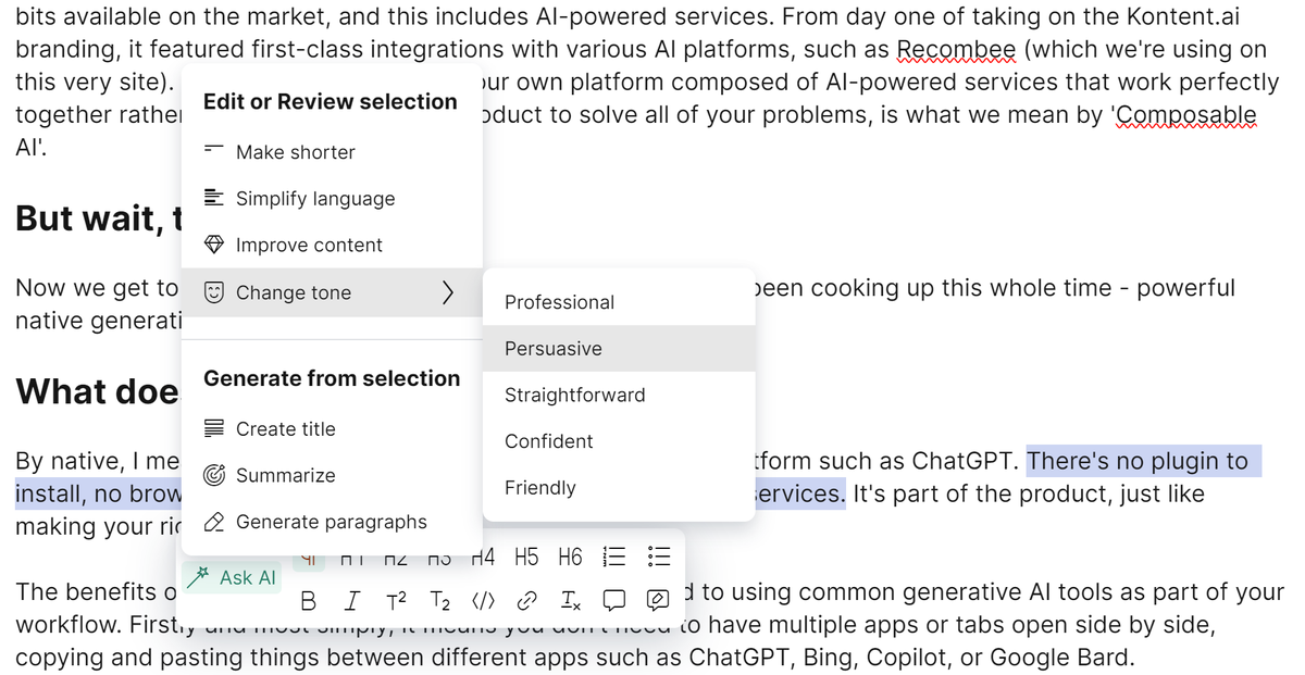 Screenshot of Kontent.ai's generative AI interface and features