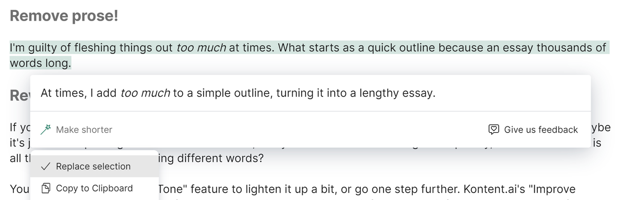 Kontent.ai's 'Make Shorter' generative AI feature