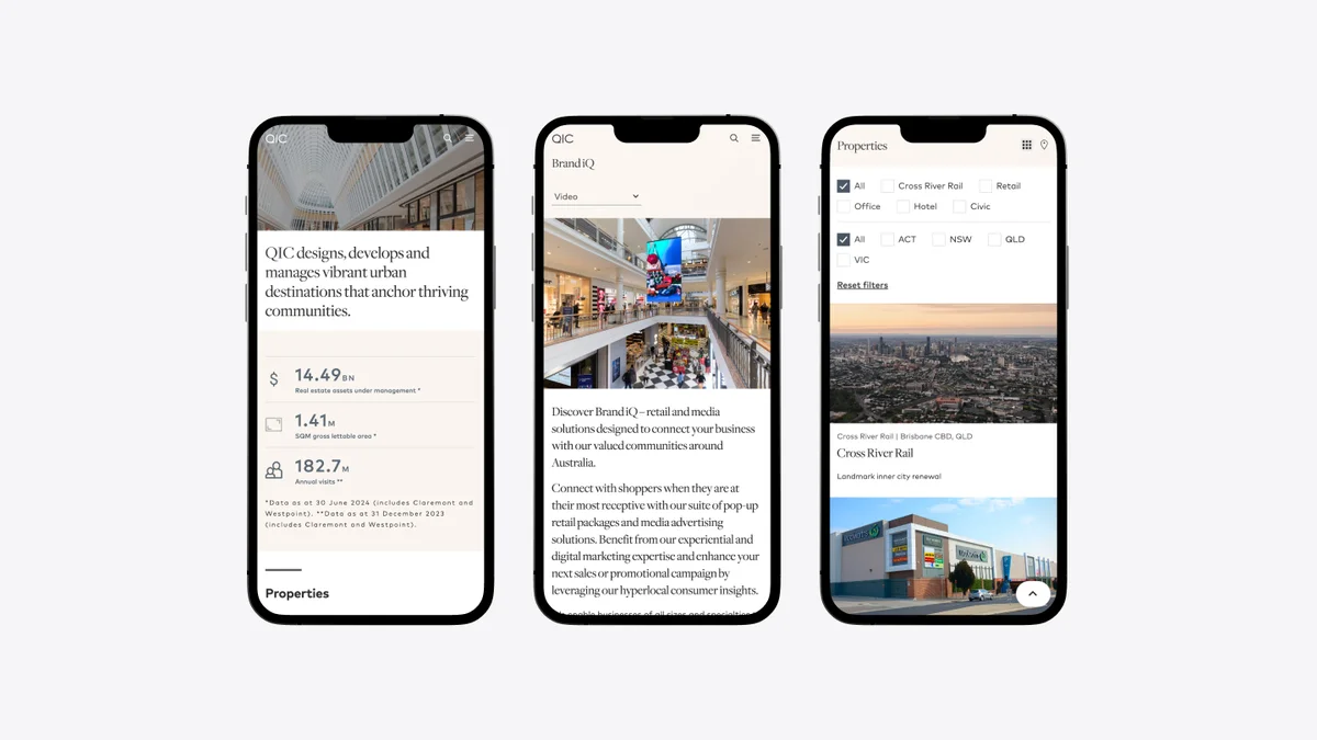 Phone mockups with QIC website on