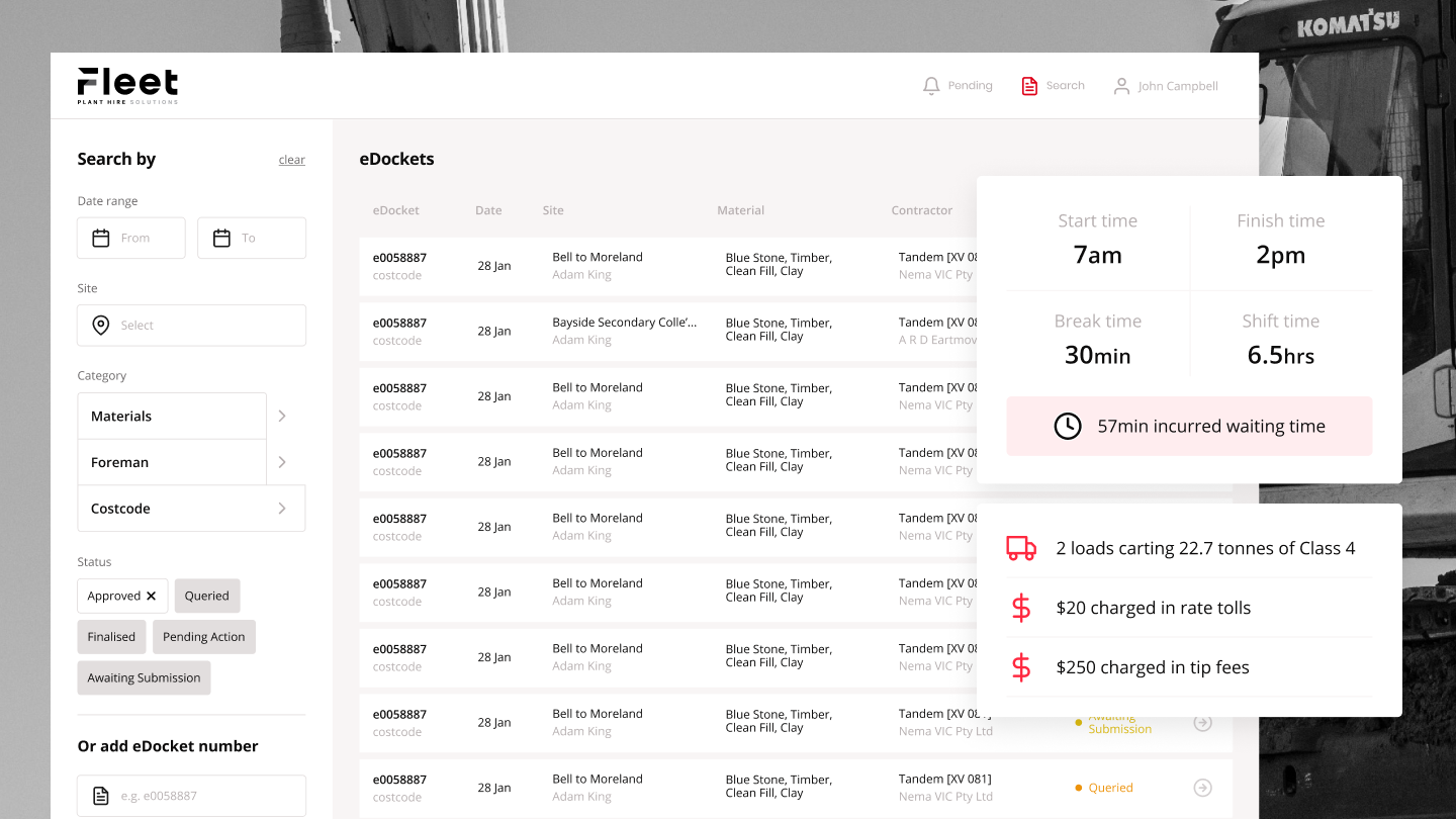 Fleet Plant Hire interface screnshots