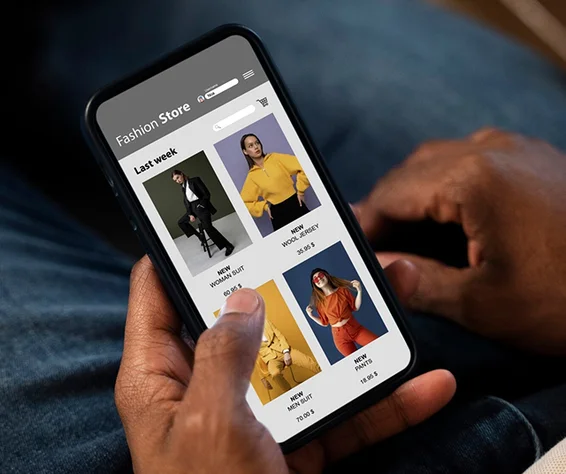 men holding a phone displaying online store