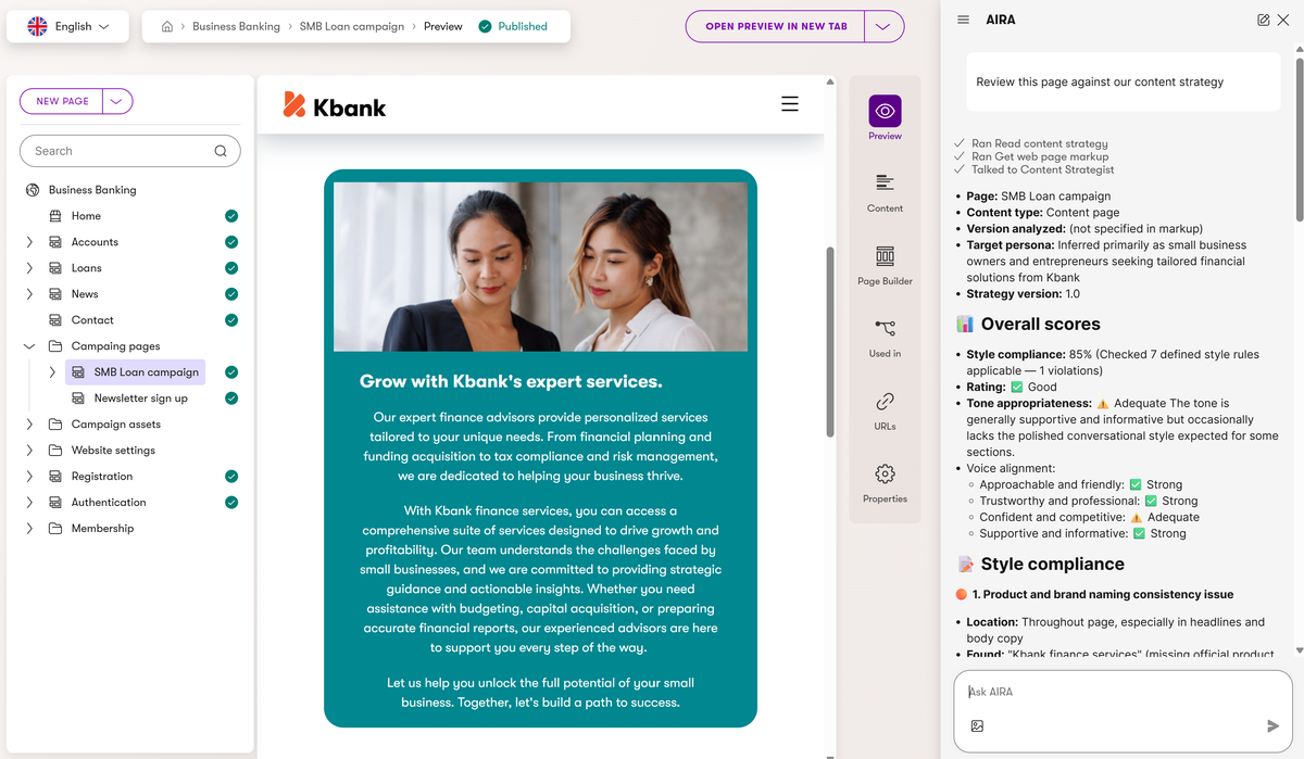 A Content Strategist review in AIRA, listing findings by severity with suggested fixes