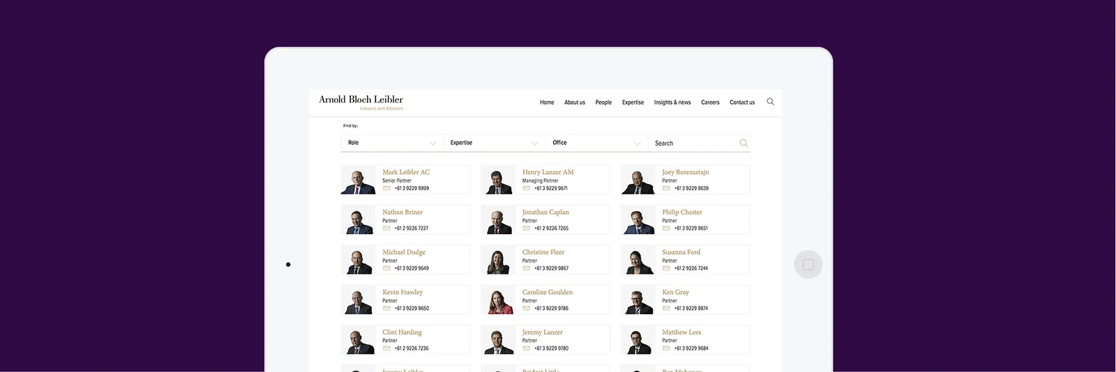 Arnold-bloch-leibler website on a tablet device