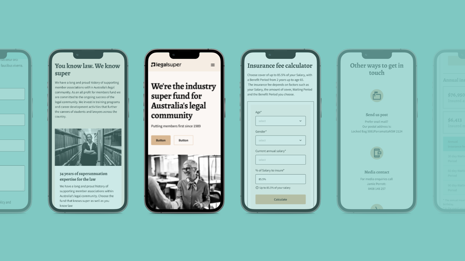 Picture of five phone screen interfaces on green background