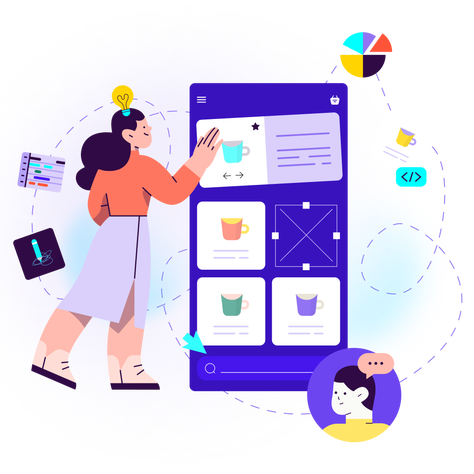 Cartoon-style image of a woman interacting with a product interface