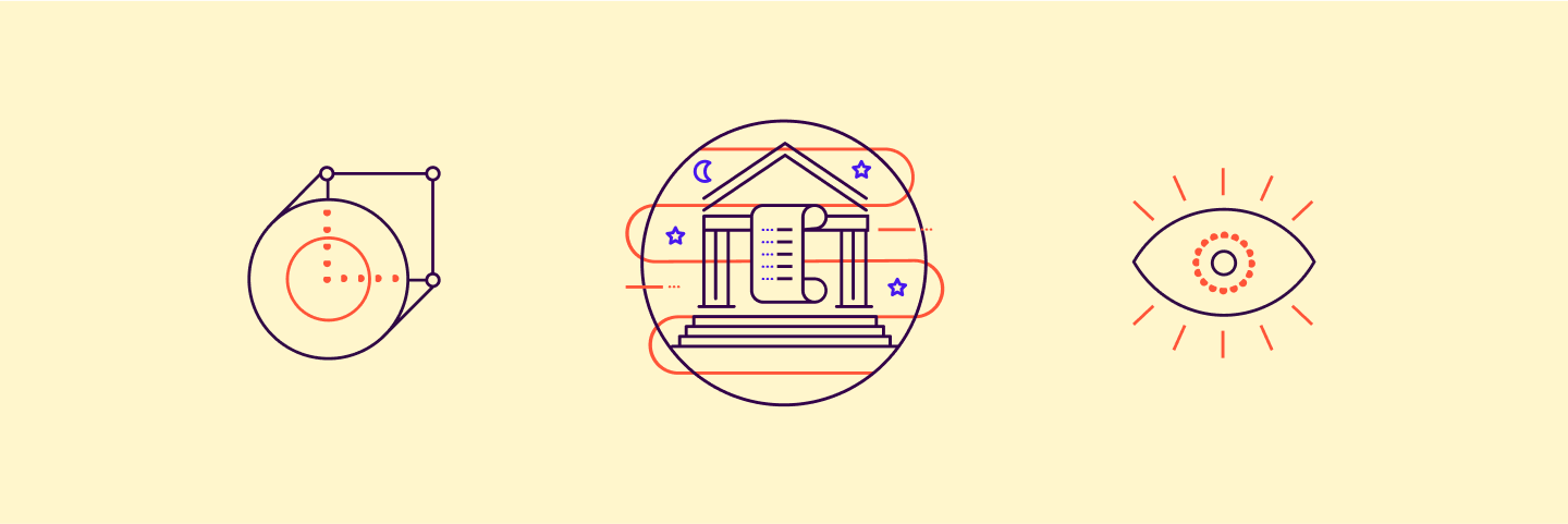 Icons depicting the Yarra City Council scope of work, including a cube, a government building and an eye