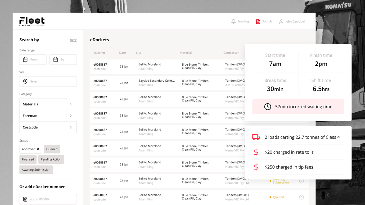 Picture of the Fleet Plant Hire interface