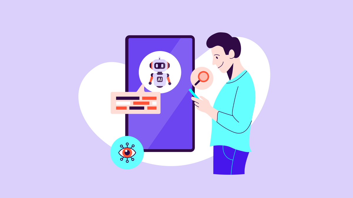 Illustration respresenting GEO with a cartoon-style man talking to a robot on screen