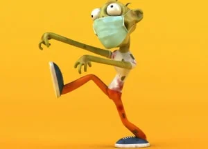 A cartoon-like creature in a zombie pose