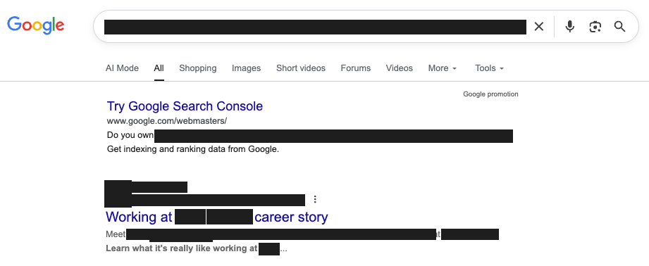 Screenshot of Google search results showing the test page indexed in Google.
