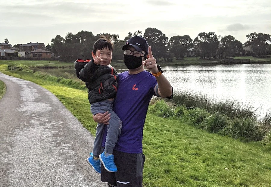 Tony with his son Hamish after finishing a run