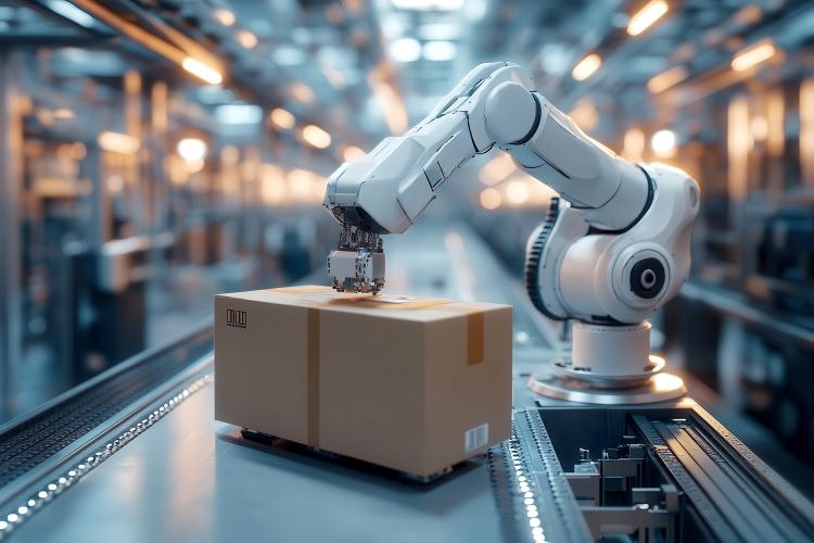 A robot arm holding a cardboard box