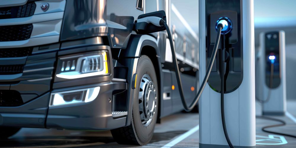 A truck charging at a ultra-fast EV charging station