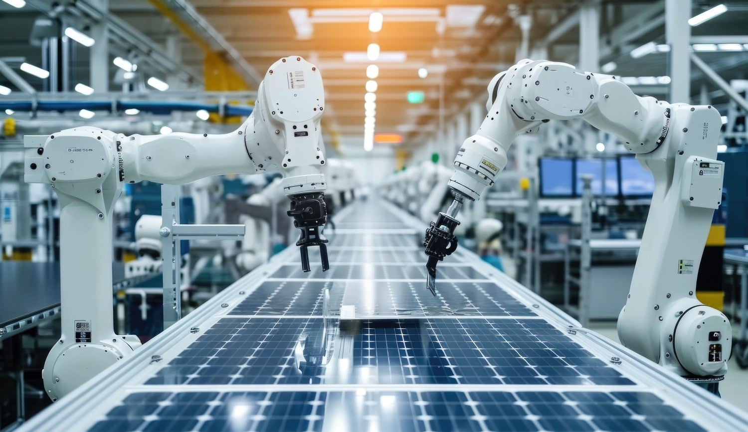 A group of robotic arms working on a solar panel