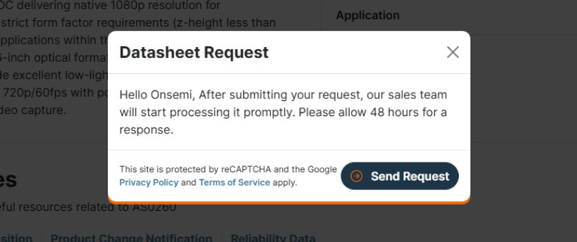 Screenshot image showing Datasheet Request pop-up window