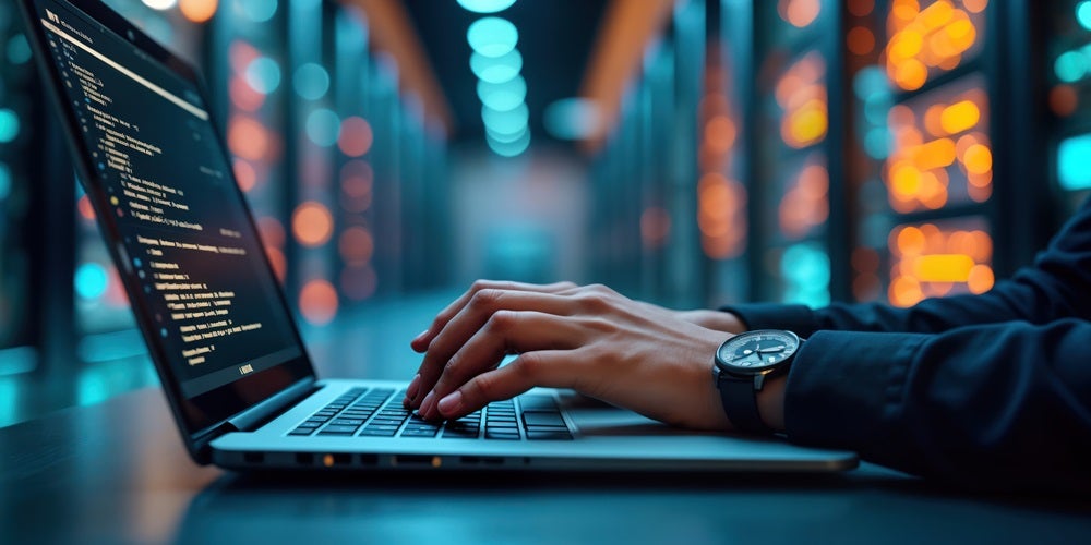 A person typing on a laptop