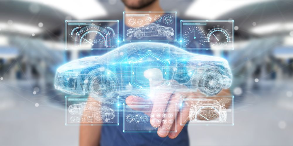 A man holding a hologram of a car