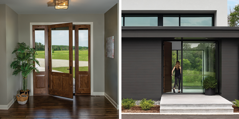 Right Image: Ultra Series inswing door with raised panels and sidelites, Left Image: VistaLuxe WD LINE casement, direct sets and awnings