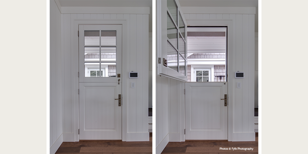Dutch door with raised panel on bottom, glass lite on top, Interior factory-finished with Cloud paint