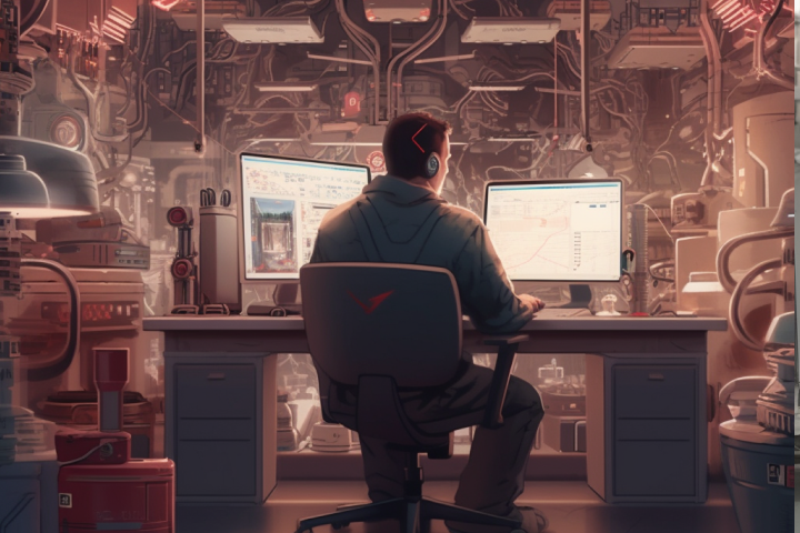 man using a pc in a garage