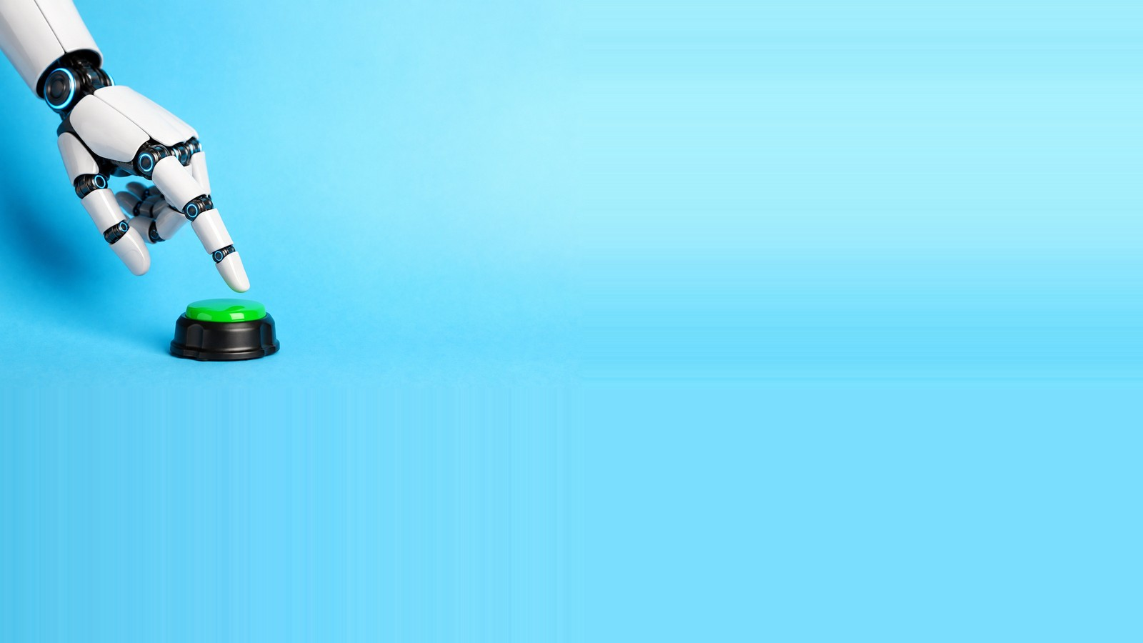 A white robotic hand pressing a green game-show buzzer on a blue background