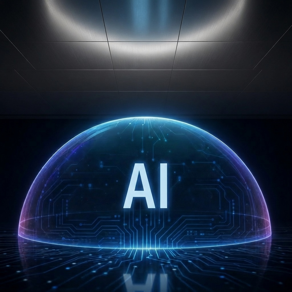 AI in a glowing sphere with a ceiling above representing AI limitations