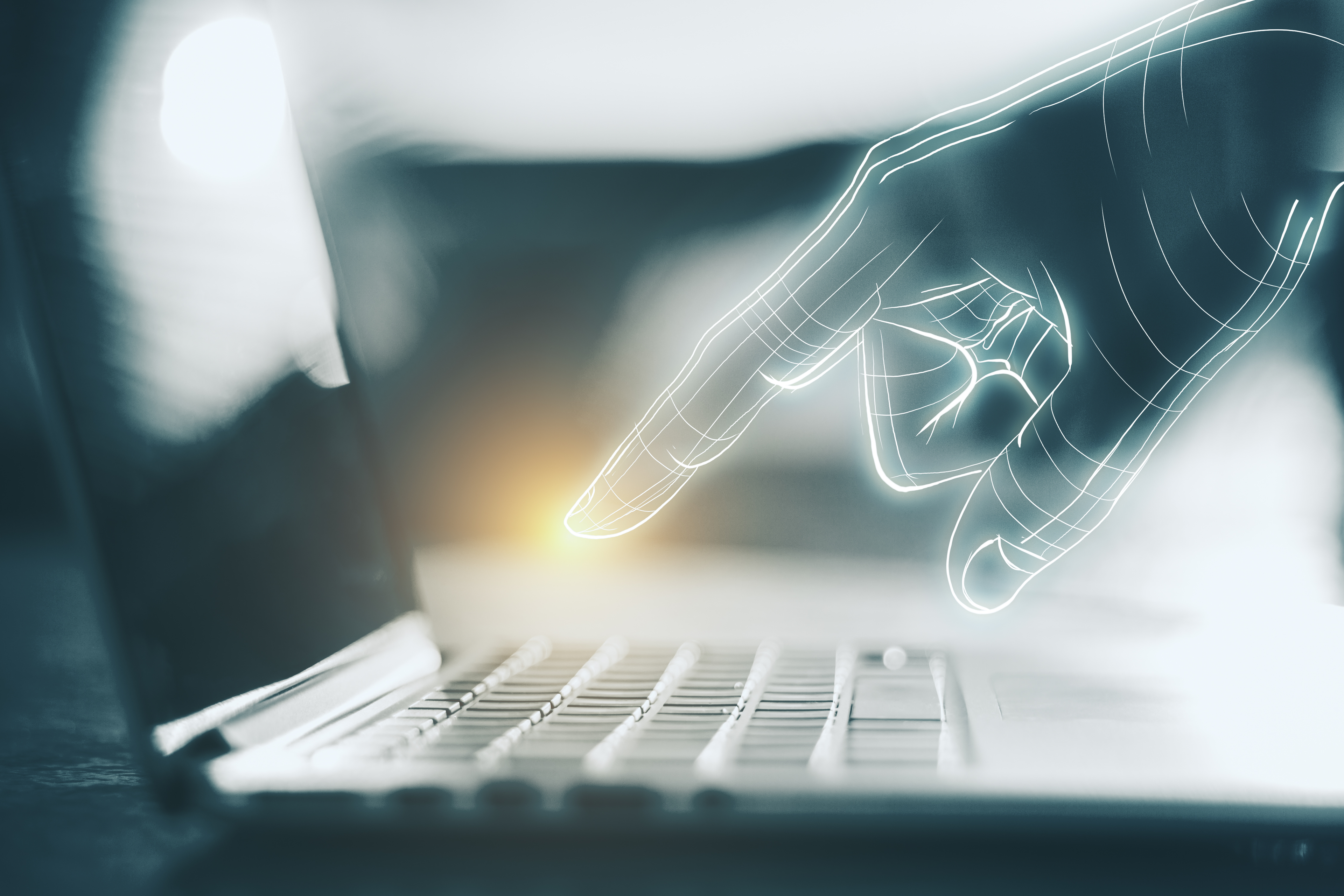 Digital AI hand pointing at laptop