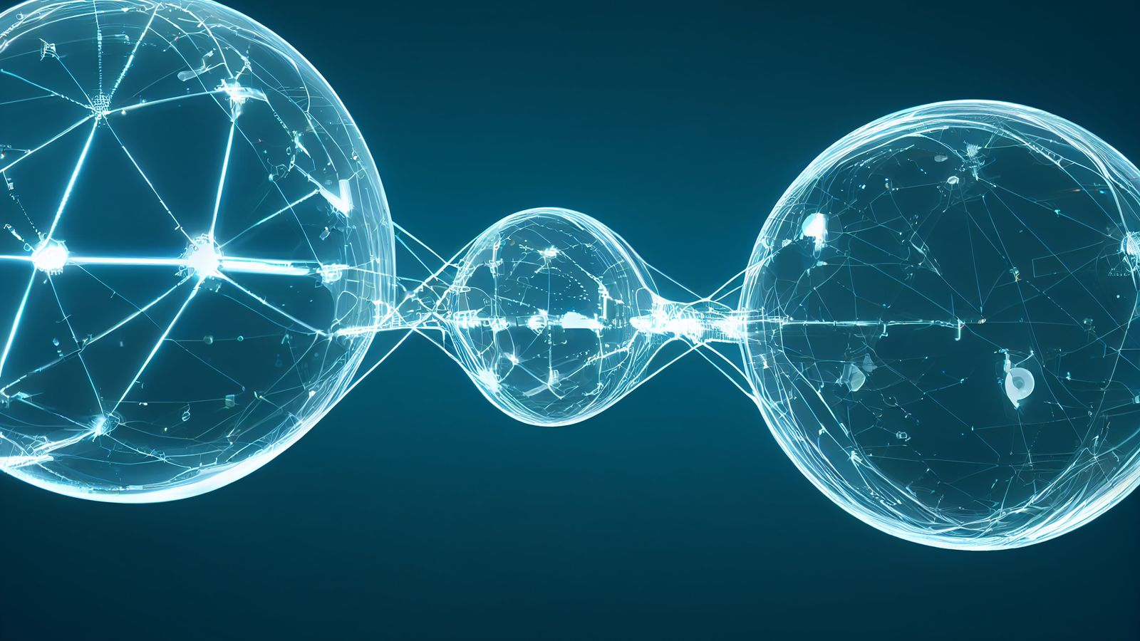 Two translucent glowing wireframe spheres connected by a narrow luminous channel of light, rendered in teal and white against a deep teal background.