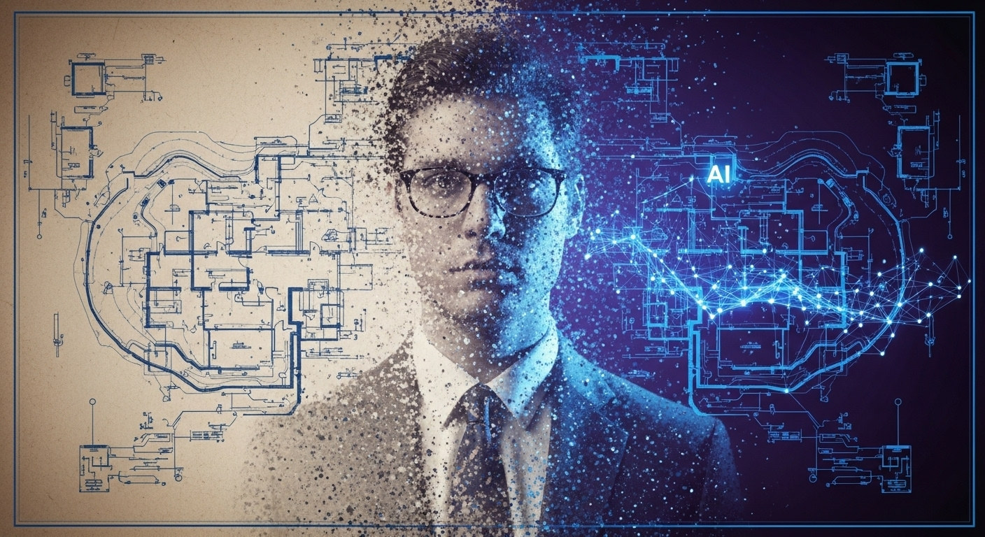 Old blue print to modern blend with man in middle of the shift