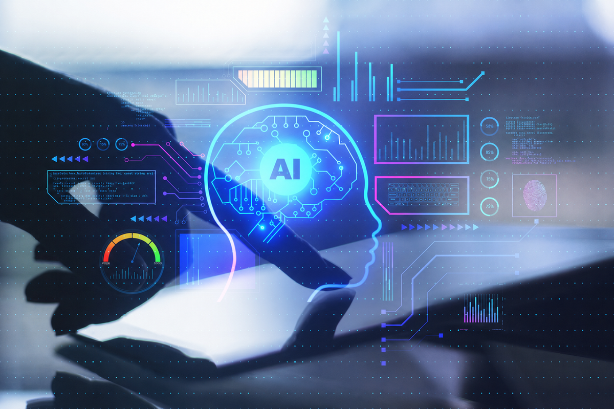 AI virtual head with data displaying overlaying human hand touching touchscreen pad. 