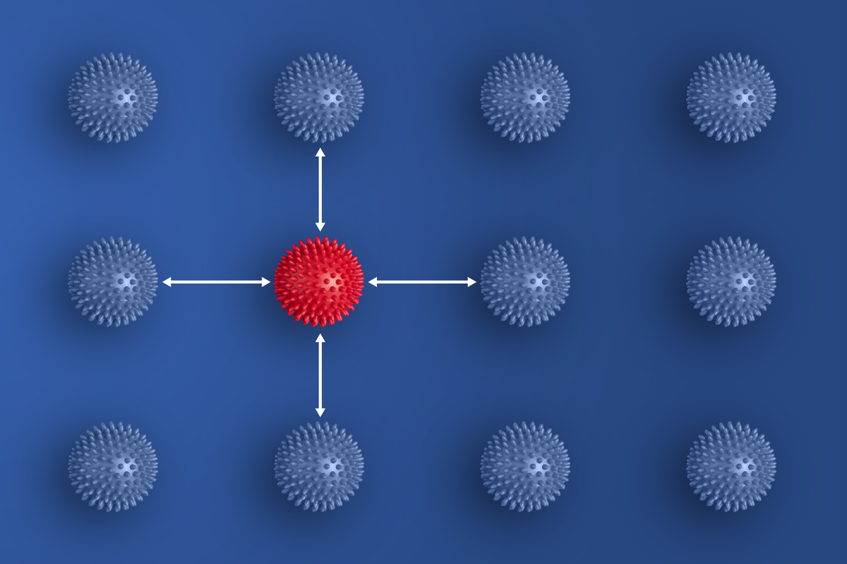Abstract background showing one red sphere surrounded by similar grey spheres. Arrows are pointing from the red sphere towards the grey spheres. The background is medium blue, with subtle highlights. This image evokes a subtle and sophisticated mood and would be useful for projects related to technology, science, medicine, or other abstract themes. 