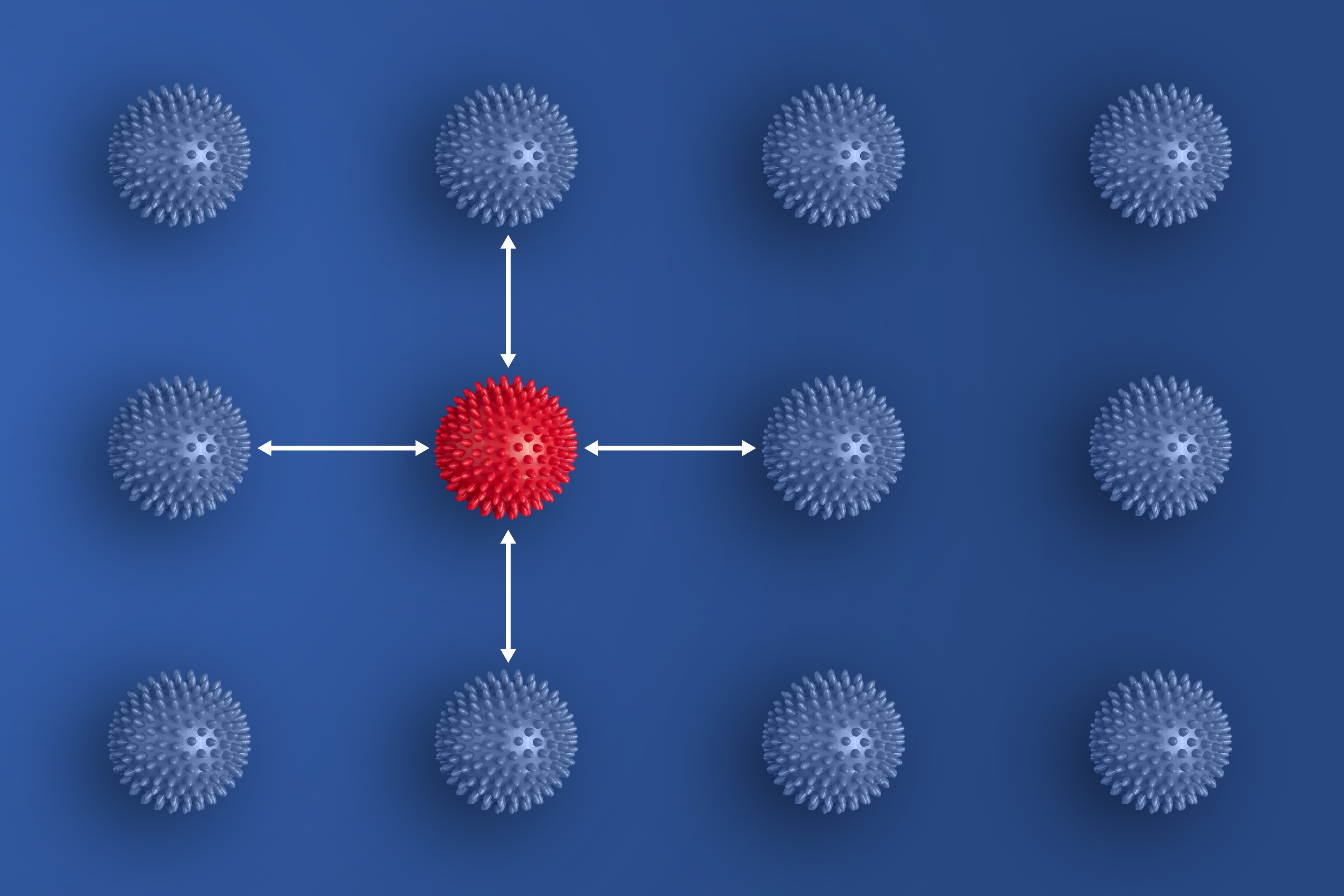 Abstract background showing one red sphere surrounded by similar grey spheres. Arrows are pointing from the red sphere towards the grey spheres. The background is medium blue, with subtle highlights. This image evokes a subtle and sophisticated mood and would be useful for projects related to technology, science, medicine, or other abstract themes. 
