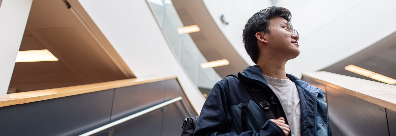 Student looking away from the camera wearing a backpack